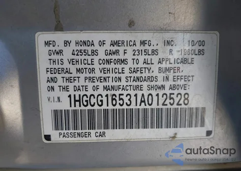 2001 Honda Accord 3.0 Ex из США, поврежденный, VIN 1HGCG16531A012528